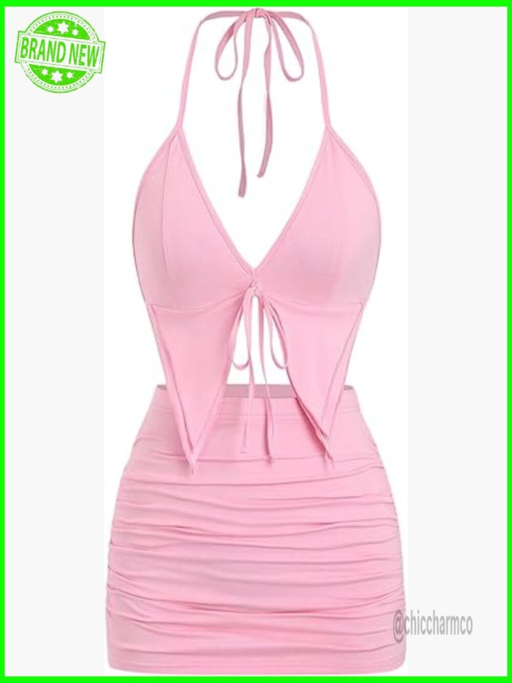 Y2k 2 Piece Backless Halter Crop Top and Ruched Bodycon Mini Skirt Set